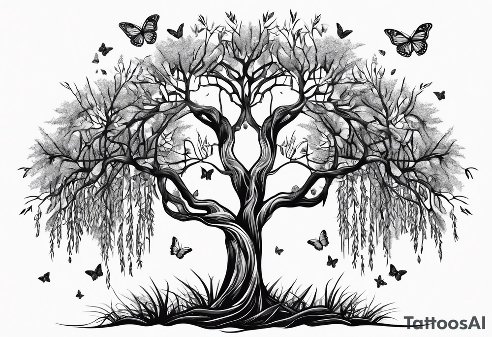 Weeping willow tree with butterflies tattoo idea