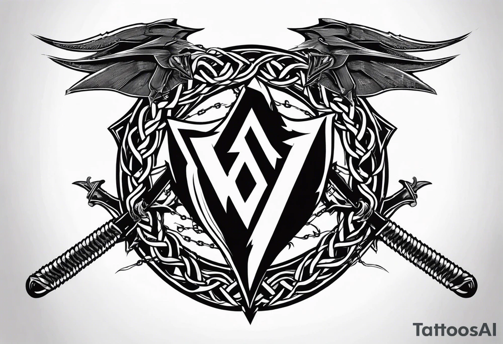 Valhalla sword shield dragon axe Valknut barbed wire chains tattoo idea Valhalla sword shield dragon axe Valknut barbed wire chains tattoo idea