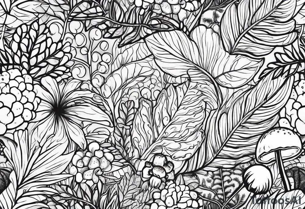 forest floor inspired tattoo, which includes grass, curly ferns and dead leaves as the bulk of the tattoo. details to include: three  tiny strawberries, couple of very small mushrooms, a tiny bumblebee flying nearby tattoo idea