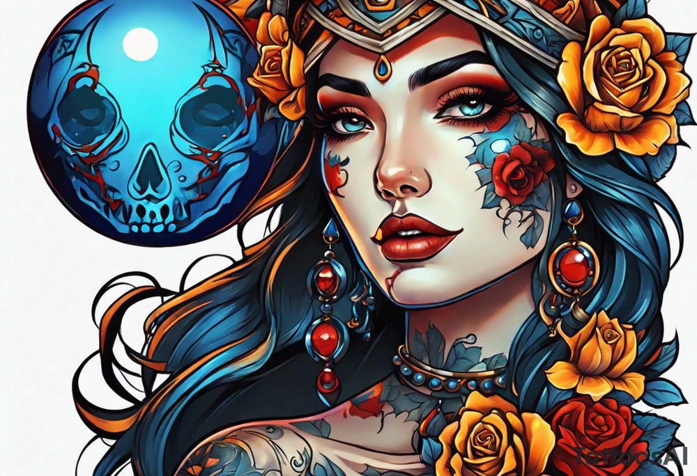 Bright bold Neo traditional tattoo woman with skulls and blood Holding a blue glowing sphere. Crosses for eyes. Orange, yellow, red, blue colors tattoo idea