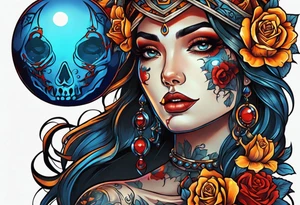 Bright bold Neo traditional tattoo woman with skulls and blood Holding a blue glowing sphere. Crosses for eyes. Orange, yellow, red, blue colors tattoo idea