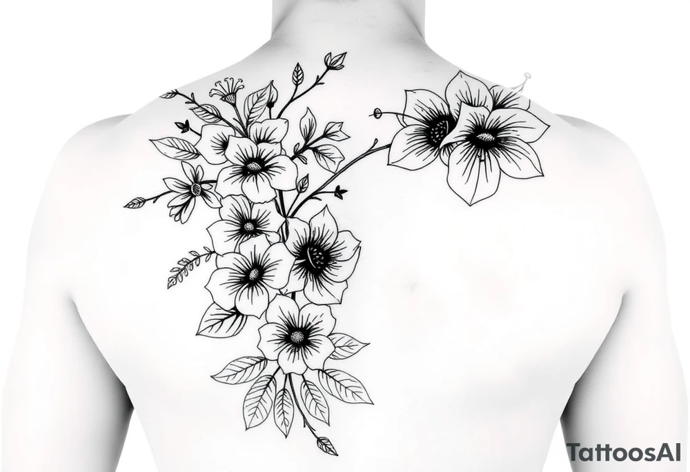 Full sleeve tattoo design of larkspur and hawthorn flowers, highly detailed line art, black ink, elegant botanical style, intertwined composition, no shading, no human mock-up, clean stencil style suitable for tattooing, fit fully within boundaries. LINE ART ONLY, REMOVE HUMAN, NO SKIN tattoo idea