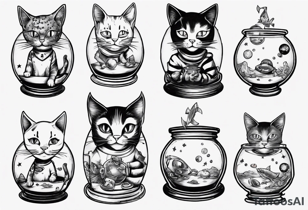 Space cat with a fish bowl on head tattoo idea