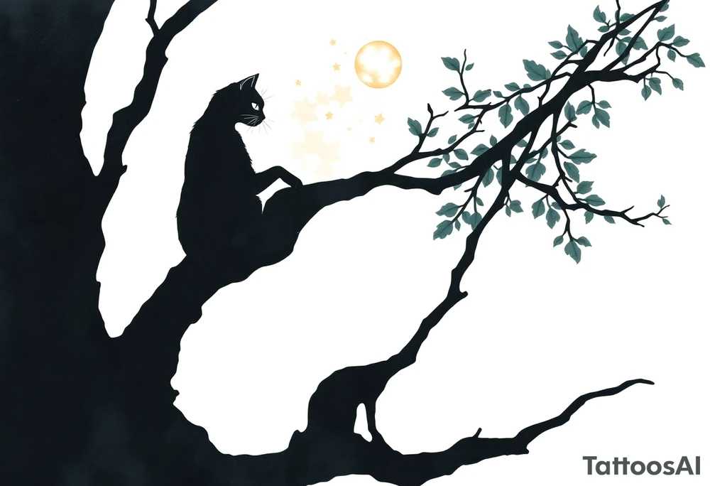 a cats sillhouette siting on a tree in the moon light tattoo idea