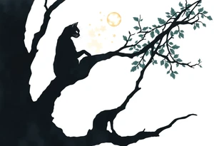 a cats sillhouette siting on a tree in the moon light tattoo idea