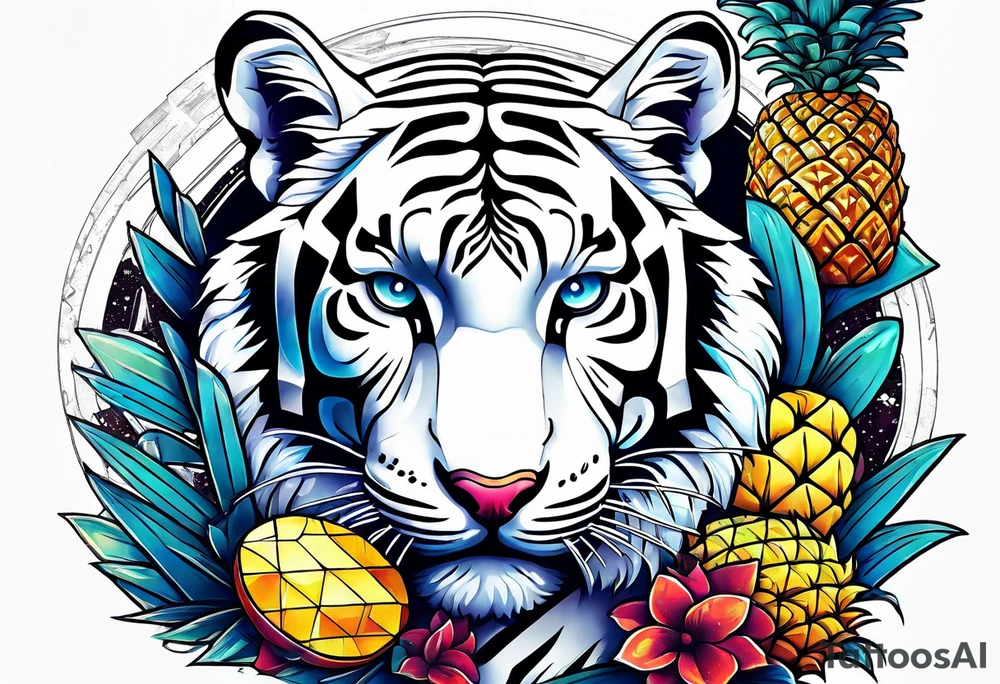 White tiger and pineapples featuring Amsterdam buildings and canal in galaxy colours tattoo idea