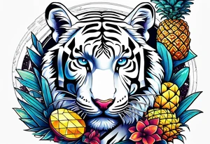 White tiger and pineapples featuring Amsterdam buildings and canal in galaxy colours tattoo idea