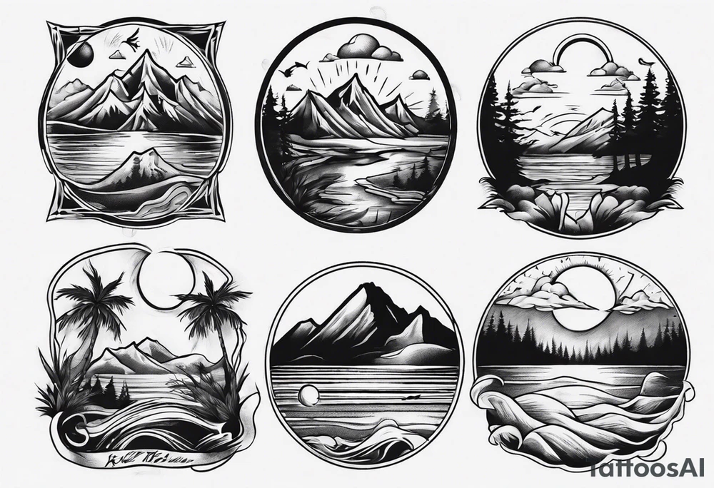 portrait tattoo with mountains, beach, waves, sunset, camping, trees tattoo idea