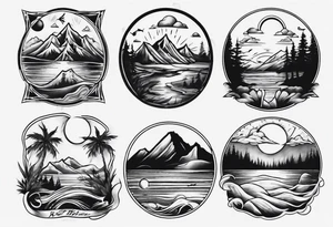portrait tattoo with mountains, beach, waves, sunset, camping, trees tattoo idea