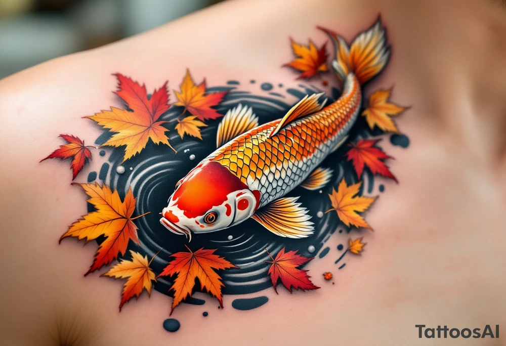 A carp swimming in a pond with autumn leaves floating around it, in warm hues of orange, yellow, and deep red. tattoo idea