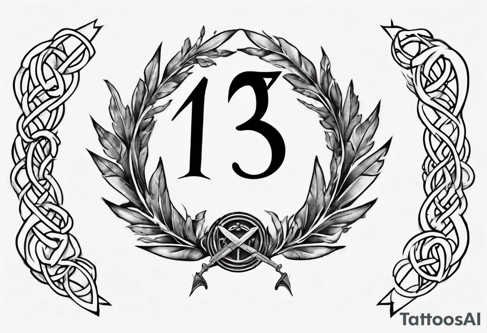 The number 13 in the middle of a laurel leaf wreath, a Celtic sword under the number. tattoo idea