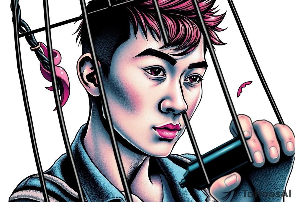 Handsome Asian young guy in a cage tattoo idea