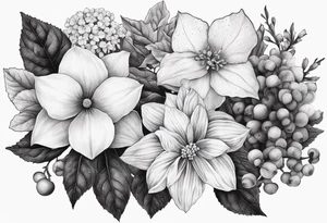 Hydrangea, Narcissus, Poinsettia, Holly, Gladiolus, Poppy, Daisy, Sweet Pea floral bouquet tattoo idea