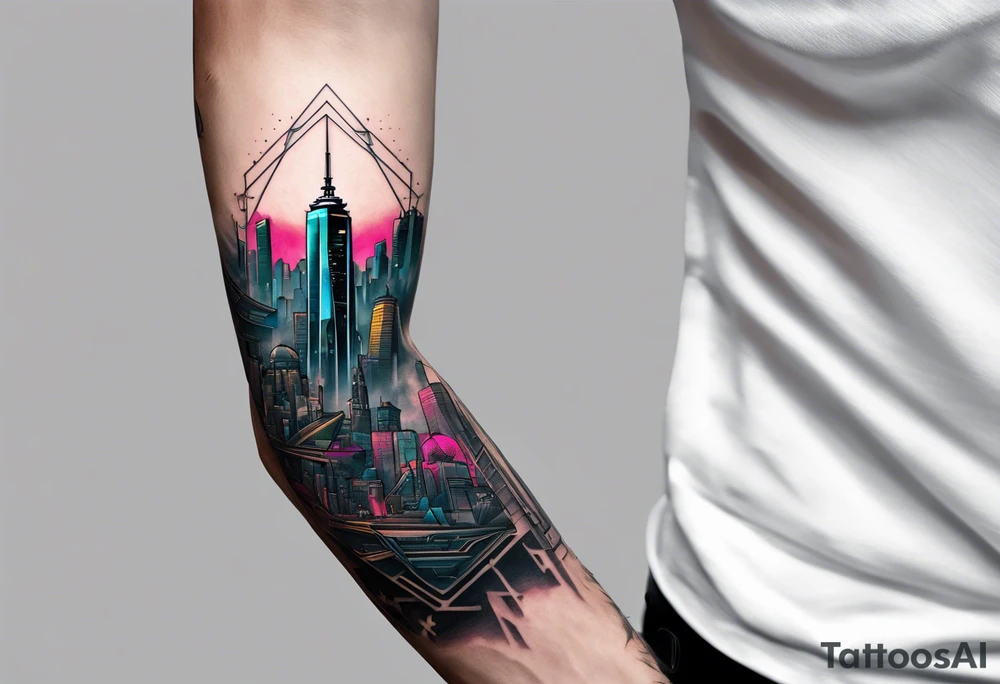 cyberpunk 2077, forearm tattoo, geometric, subtle, men, city skyline, 4k tattoo idea