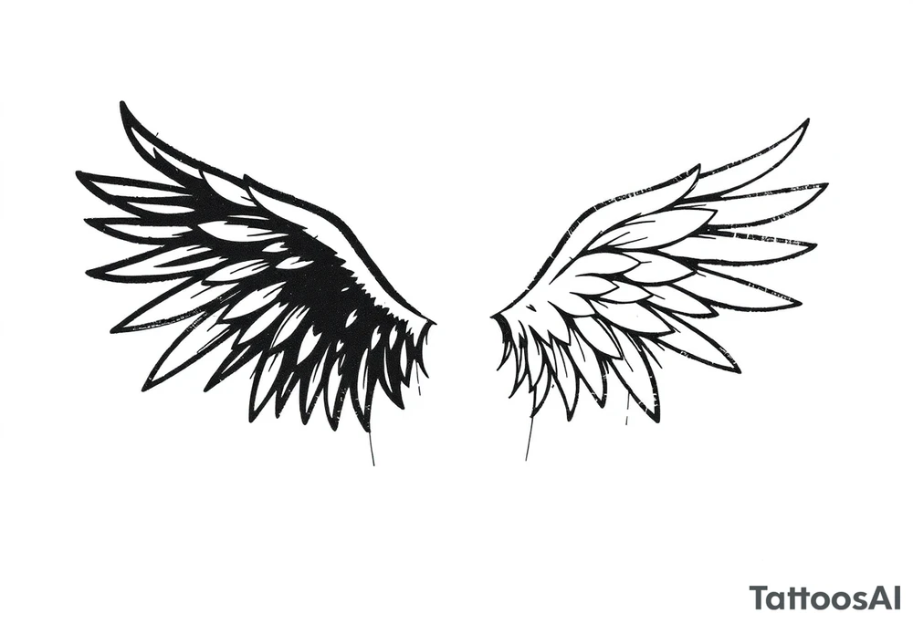 This tattoo design features a pair of asymmetrical angel wings drawn in black ink with a rough, sketch-like style. The left wing is darker, more defined, and appears denser, while the right wing is lighter, more delicate, and fragmented, creating a contrast between the two. The feathers are sharp and irregular, with fine lines and stray strokes extending outward, adding a raw and artistic feel. The overall look is dynamic and slightly chaotic, giving the impression of movement or an unfinished, ethereal form. This design symbolizes duality, freedom, transformation, or even struggle, making it a meaningful and visually striking tattoo. tattoo idea
