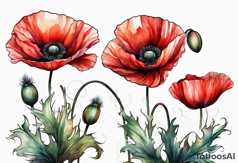 Abstract red poppy flower with stem tattoo idea