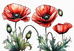 Abstract red poppy flower with stem tattoo idea