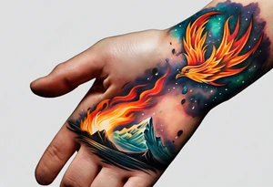 Flame tattoo on wrist of hand that is reaching out for another hand tattoo idea
