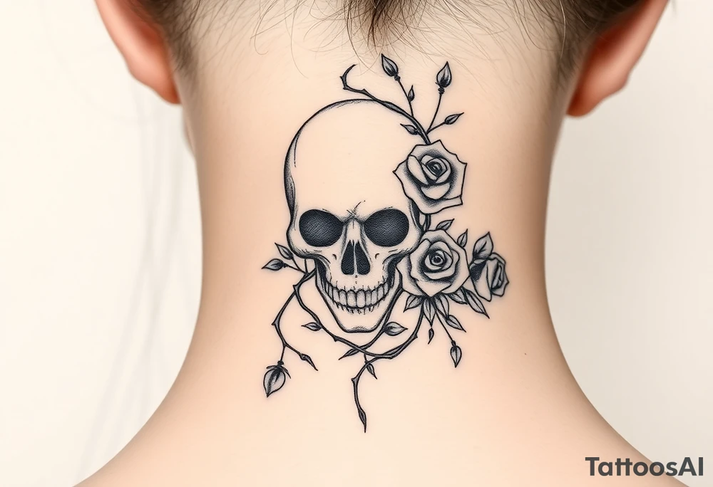 gothic skull intertwined with climbing roses and thorny vines tattoo idea