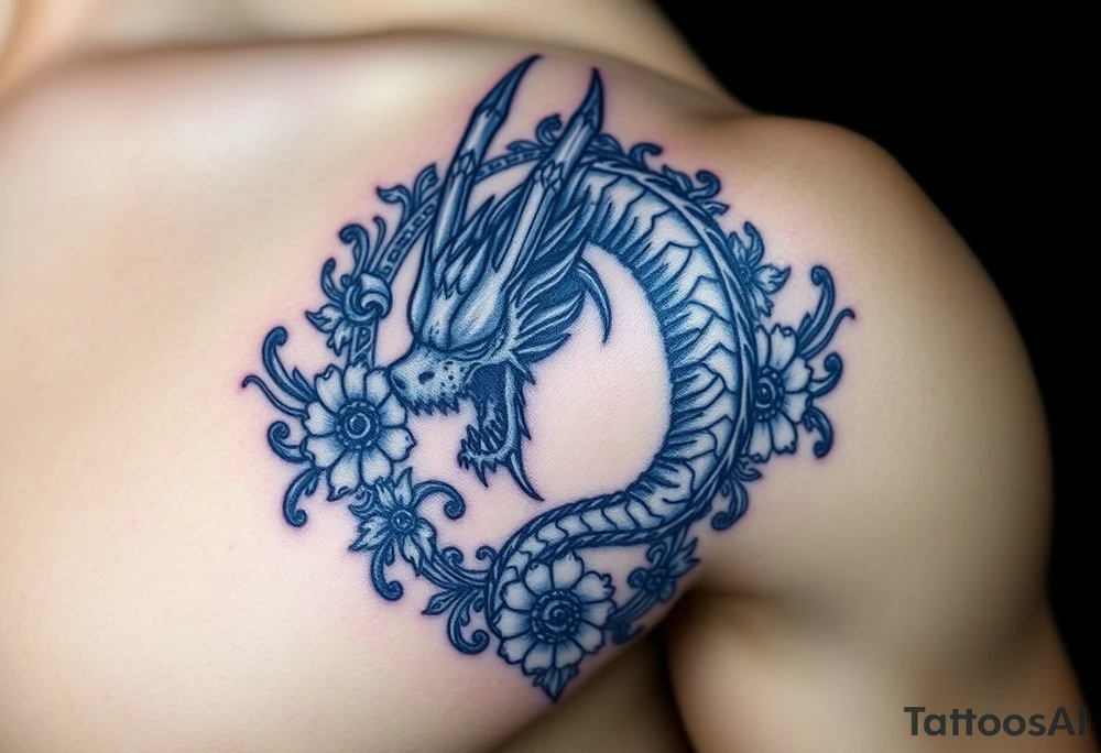 Scary dragon surrounded by ornaments tattoo idea