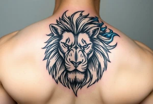 Powerful, fierce stoic lions head, whose mane turns into blue flames that swirl up my arm with blue embers tattoo idea