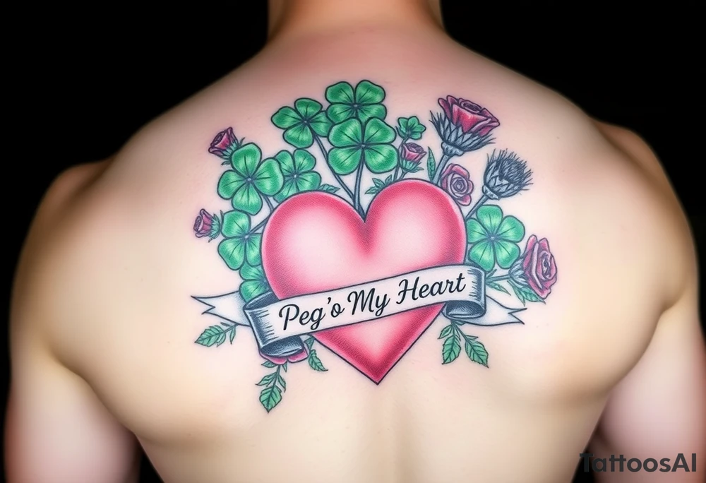 Bunch of Green shamrocks & a few purple thistles and a few red roses with a big Pink heart and a banner across the heart that says " Peg 'o My Heart" tattoo idea