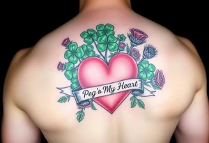 Bunch of Green shamrocks & a few purple thistles and a few red roses with a big Pink heart and a banner across the heart that says " Peg 'o My Heart" tattoo idea