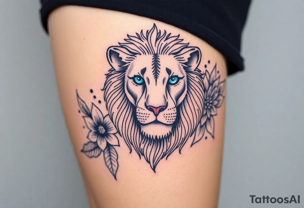 Lion with blue eyes surrounded by larkspur and water lily tattoo idea