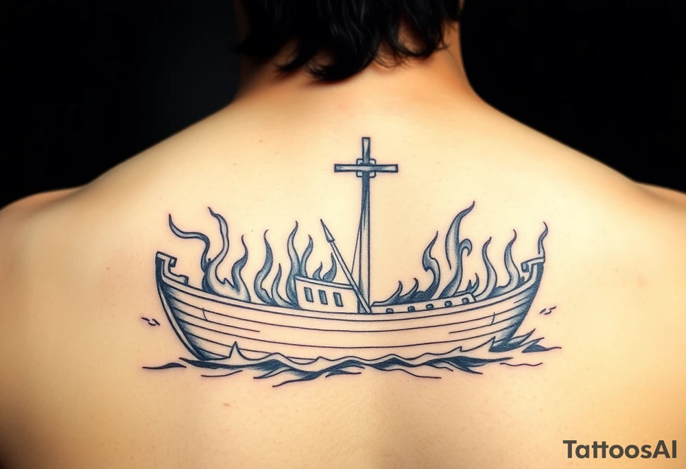 Boat on fire with cross as mast. Water colour tattoo idea