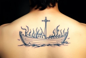 Boat on fire with cross as mast. Water colour tattoo idea