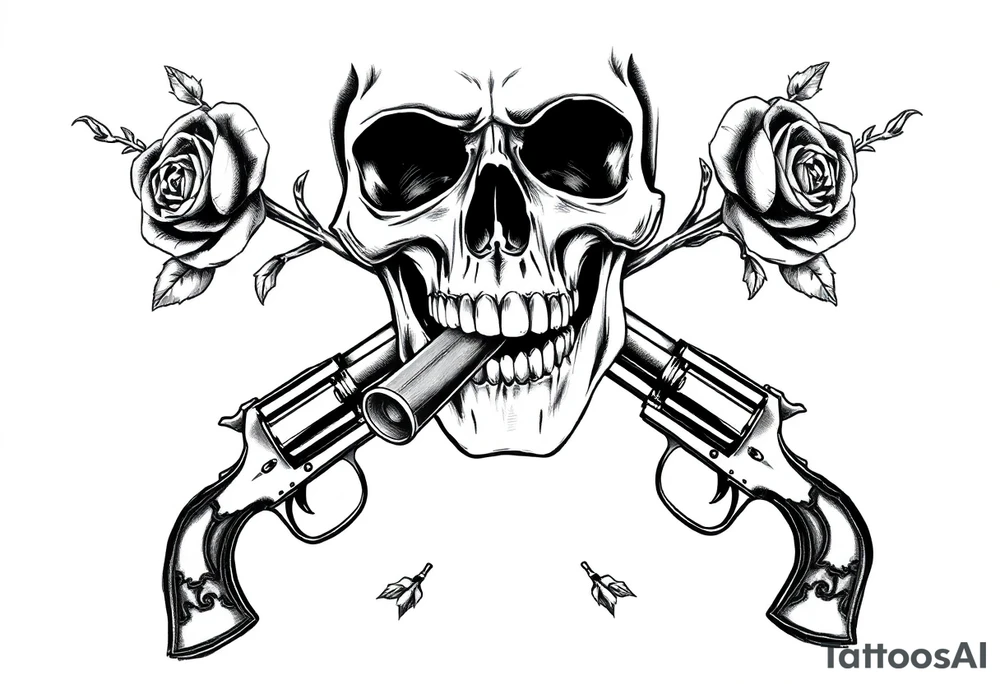 A realistic skull with a cigar in its mouth, crossed by two antique pistols and thorny rose stems. tattoo idea