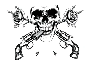 A realistic skull with a cigar in its mouth, crossed by two antique pistols and thorny rose stems. tattoo idea