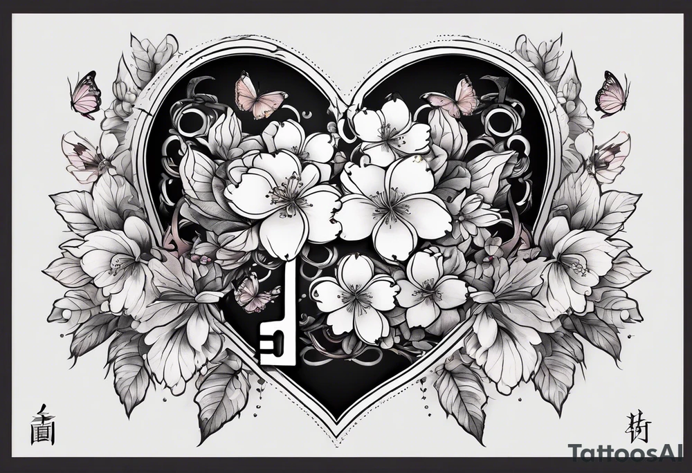 Cherry Blossom Tattoo with a key that unlocks a heart surrounded by white butterflies and in a golden aura tattoo idea