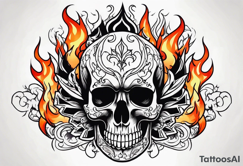 skull surrounded by flames tattoo idea