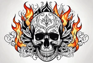 skull surrounded by flames tattoo idea