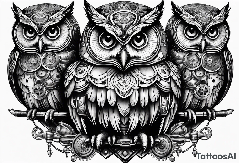three headed owl in steampunk tattoo idea