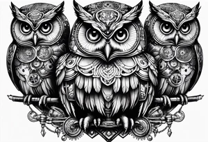 three headed owl in steampunk tattoo idea