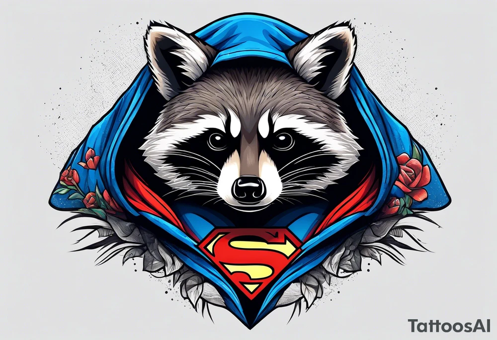 raccoon wearing a Superman hoodie tattoo idea