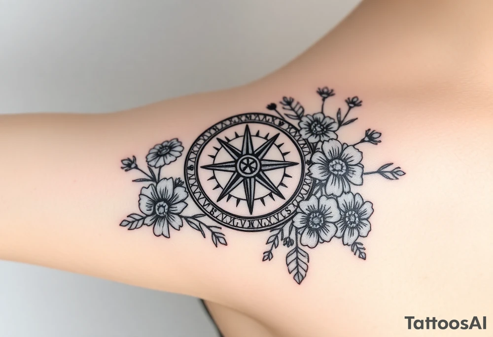 Abstract Compass surrounded with wild flowers tattoo idea