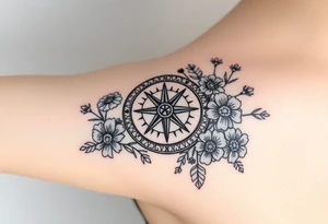 Abstract Compass surrounded with wild flowers tattoo idea
