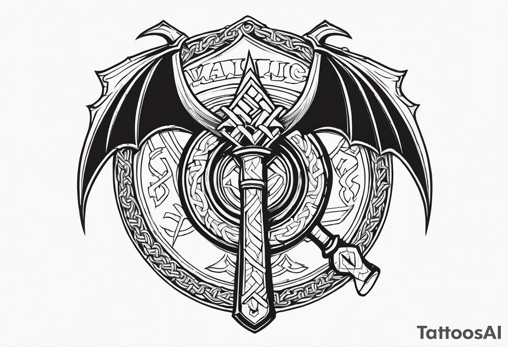 Valhalla sword shield dragon axe Valknut barbed wire chains tattoo idea Valhalla sword shield dragon axe Valknut barbed wire chains tattoo idea