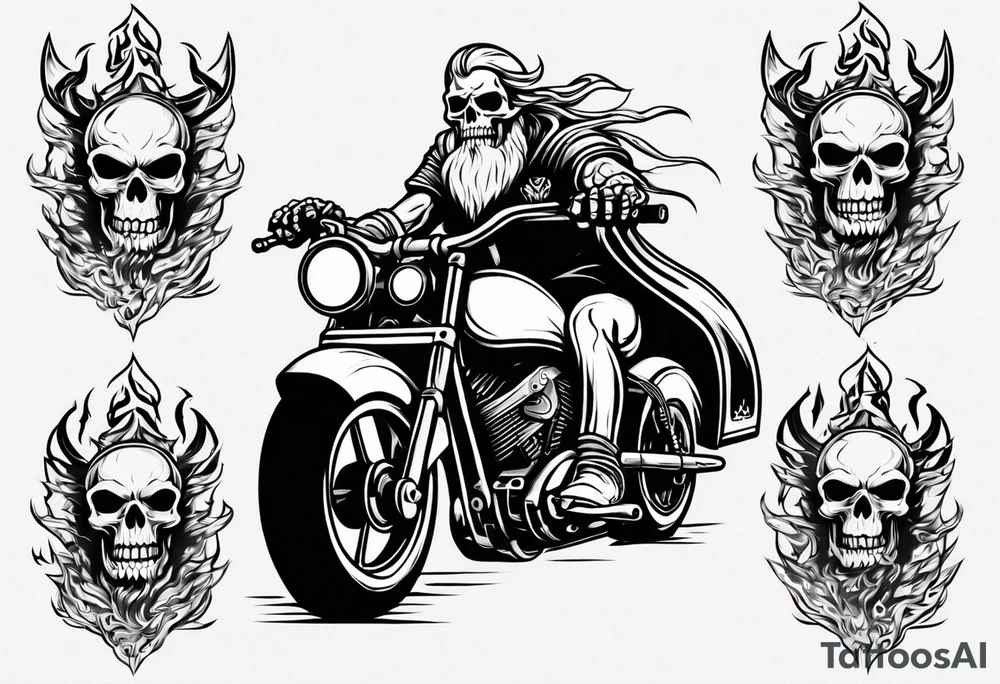 A viking skeleton riding a motorcycle with flames front view and a big viking in the background tattoo idea