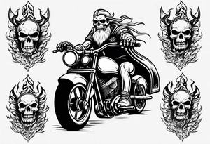 A viking skeleton riding a motorcycle with flames front view and a big viking in the background tattoo idea