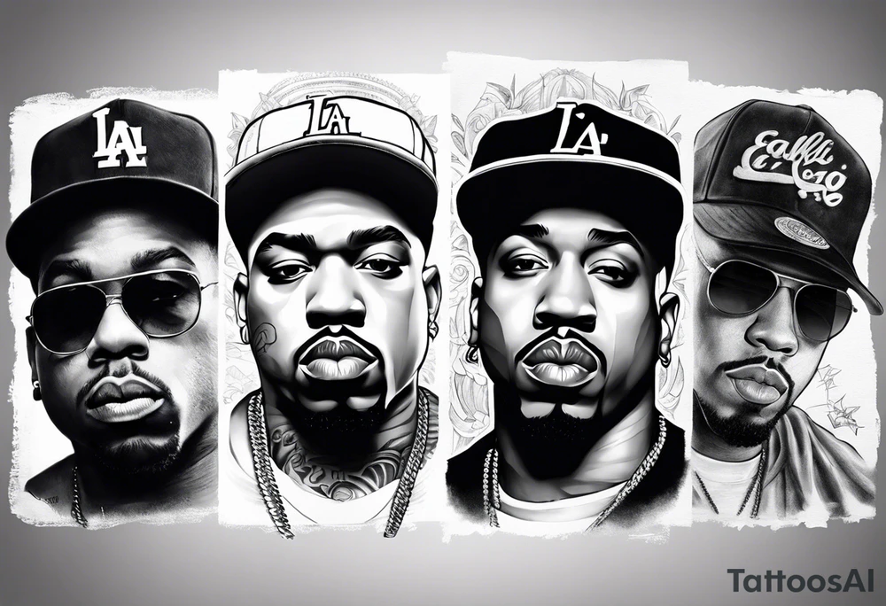 To design a leg sleeve tattoo featuring famous rappers Biggie Smalls, Tupac, Eminem, Dr. Dre, Eazy-E, Ice Cube, along with the LA sign and California Compton theme in black and white shading, follow these steps: tattoo idea