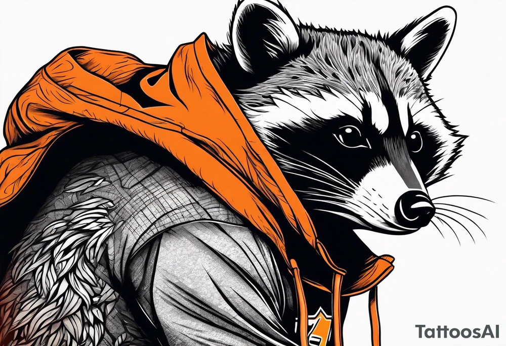 Raccoon wearing an orange Superman hoodie tattoo idea