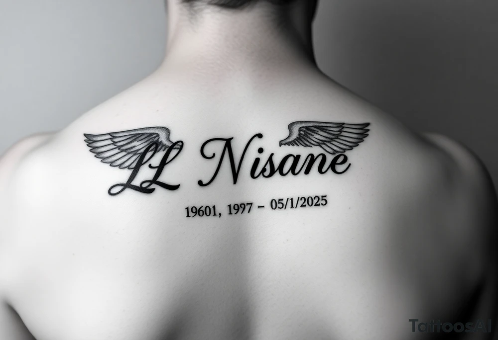 A forearm tattoo that says LL Blu Nsane in cursive writing with angel wings around the words and a sunrise date of 06/01/1997 and a sunset date of 05/14/2025 tattoo idea