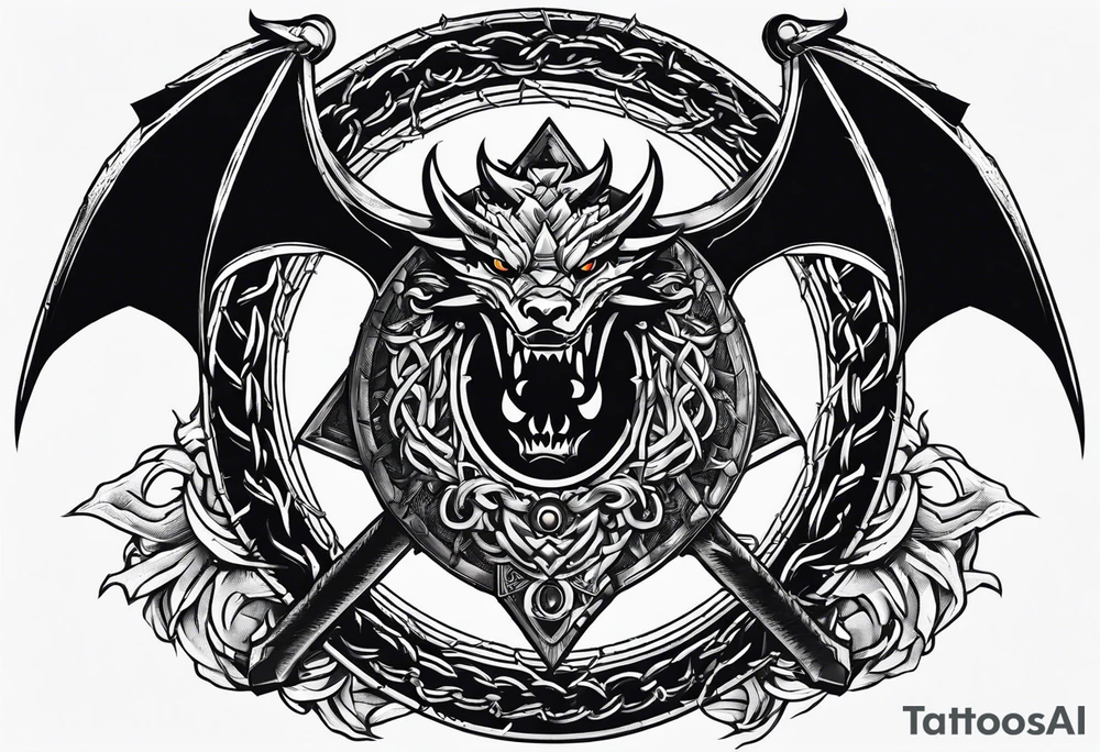 Valhalla sword shield dragon axe Valknut barbed wire chains tattoo idea