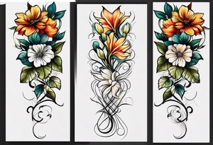long vertical tattoo to cover my whole shin showing two separate flower stems wrapped around each other, I want a long stem to show them intertwined tattoo idea