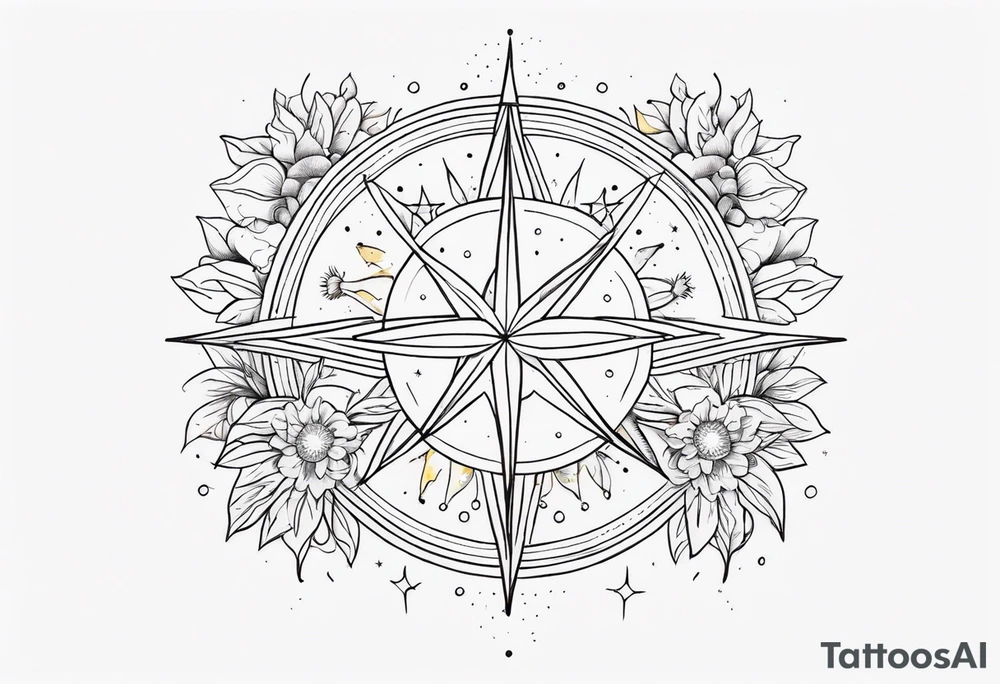 fine line with sun, stars, floral, dots. Sternum tattoo tattoo idea