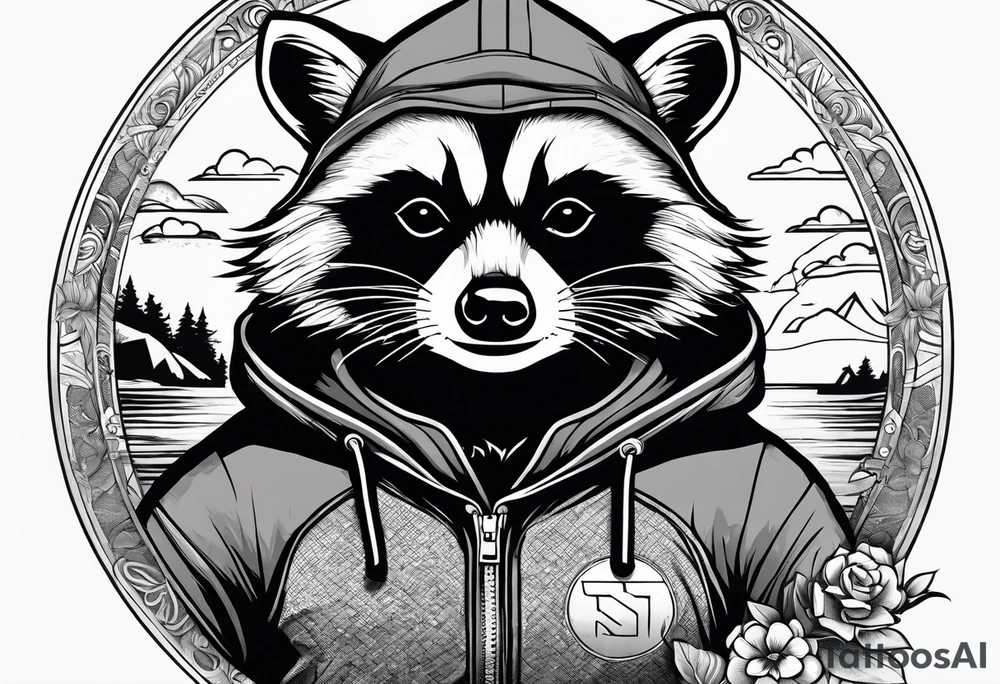 raccoon wearing a Superman hoodie tattoo idea